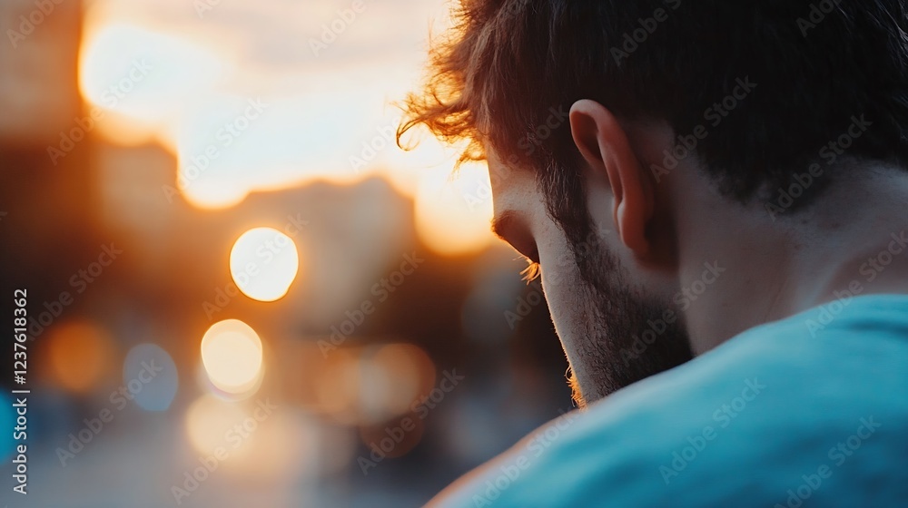 Poster Contemplative back view of man in sunset glow reflecting on life at dusk introspective moment : Generative AI