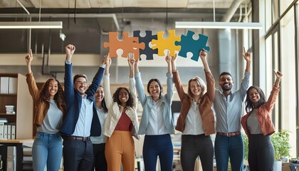 Diverse Team Celebrates Success Holding Interlocking Puzzle Pieces