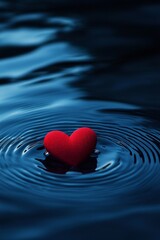 Fototapeta premium A single red love floating in the mid air above the surface of dark blue water, creating ripples that spread out like waves. 