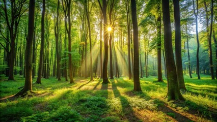 Obraz premium Warm sunlight casts dappled shadows on forest floor through dense canopy of tall trees with lush green foliage