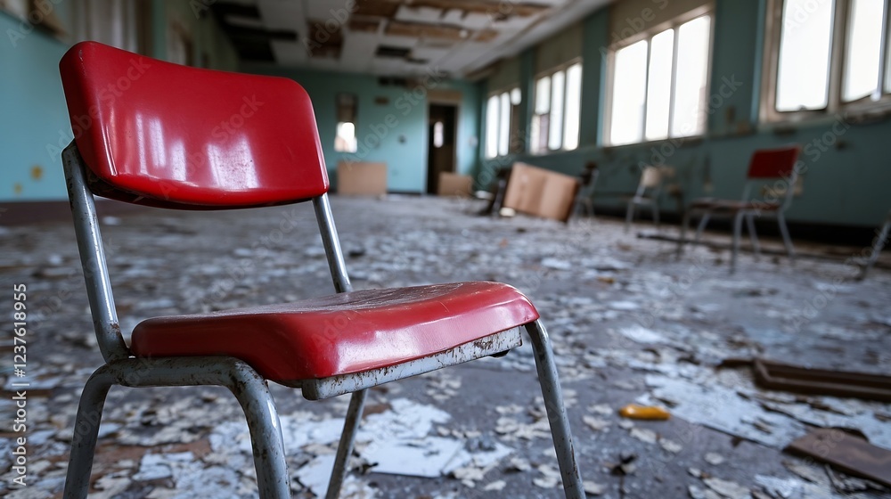 Poster Abandoned Classroom with Red Chair and Debris Creating a Nostalgic Atmosphere : Generative AI