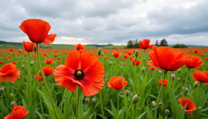 Naklejka premium Poppies blooming in vibrant red field