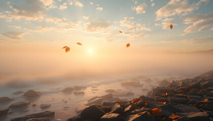 Sunset over rocky beach, misty ocean horizon, warm golden light, floating dandelion seeds, ethereal atmosphere, long exposure water effect, smooth stones, dreamy landscape, soft pastel sky, magical re