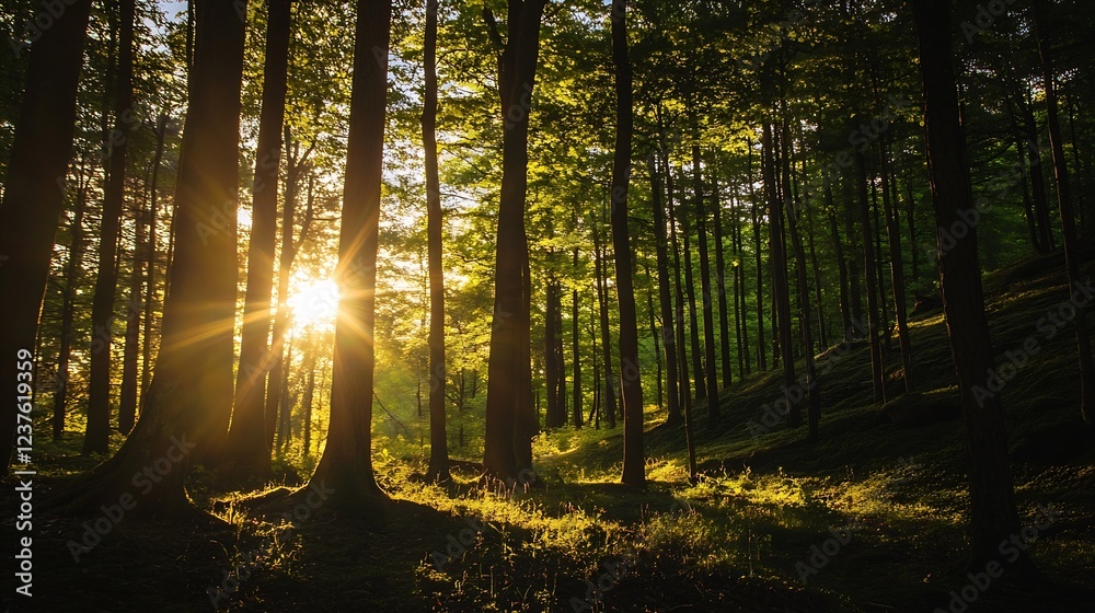 Poster Sunlight Filtered Through Lush Green Forest Trees Creating a Serene and Peaceful Atmosphere : Generative AI