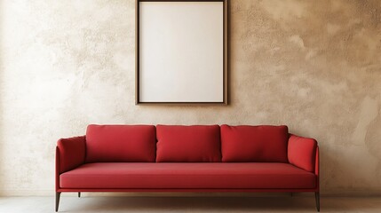 A Red Couch Sits Before A Blank Canvas On A Textured Wall. The Overall Vibe Is Minimalist And Sophisticated.