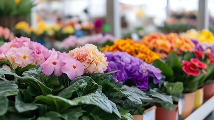 Colorful Variety of Potted Flowers in Bright Garden Center Display : Generative AI