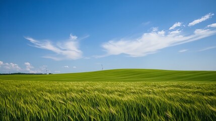 Fototapeta premium Green Field With Flowing Grains Under Clear Blue Sky in Rural Landscape : Generative AI