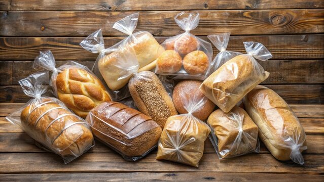 Assorted bread loaves packaged in clear plastic bags on a wooden table