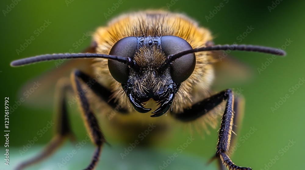 Poster CloseUp Portrait of a Bee with Fuzzy Texture and Green Background in Natural Habitat : Generative AI