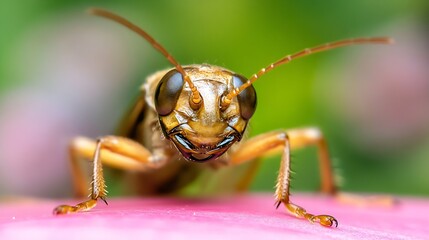 Fototapeta premium CloseUp of Aggressive Wasp on Vibrant Pink Flower Background : Generative AI