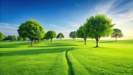 Green lawn with a few trees and a subtle path leading to the horizon , peaceful, landscape,  peaceful, landscape, outdoors