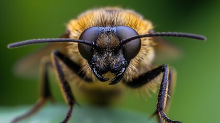 CloseUp Portrait of a Bee with Fuzzy Texture and Green Background in Natural Habitat : Generative AI