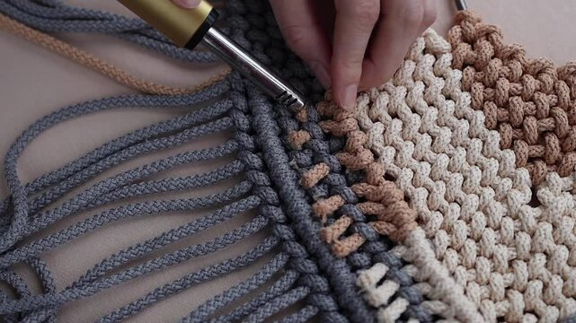 Close-up of hands using heat tool to finish macrame wall hanging. Detailed craftsmanship with beige and gray cords. Boho-inspired handmade decor piece in progress.