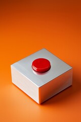A square silver metal button box with a red button on the top, orange background