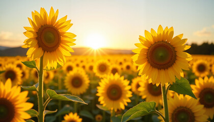 Obraz premium Sunflowers blooming in golden field at sunrise