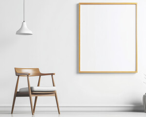 Modern Minimalist Interior with Wooden Chair and Blank Poster Frame for Custom Art Decoration in Home or Office Settings