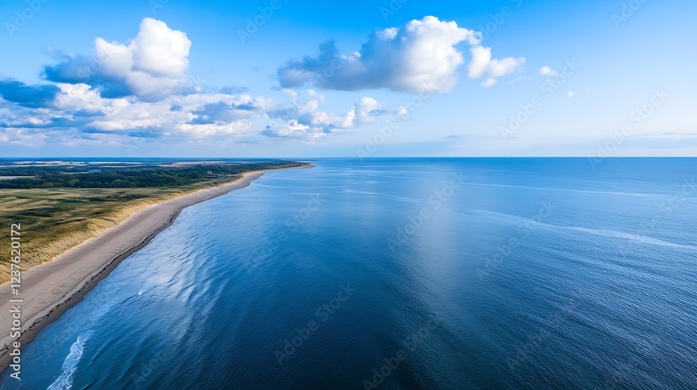 Poster aerial view of serene blue ocean with clear skies and gentle waves on sandy coastline : generative a