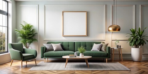 Modern living room with a large picture frame above a sleek green sofa, surrounded by minimalist furniture pieces , green sofa, cozy atmosphere