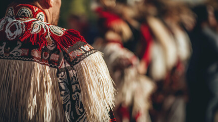 A close-up of a Waitangi Day procession, the traditional Māori clothing and accessories glistening under soft, natural lighting, the energy of the crowd reflected in their movements