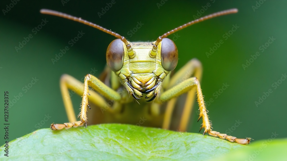 Poster macro closeup of vibrant green grasshopper resting on leaf in natural habitat : generative ai