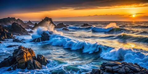 Fototapeta premium Dark blue ocean waves crashing against a rocky coastline at sunset, Japanese art, sunset, Japanese art