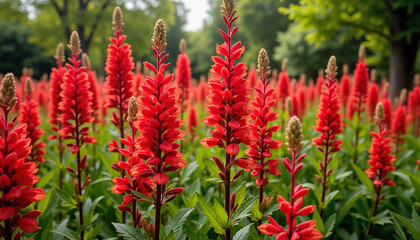 Vibrant red flowers blooming in a lush green garden