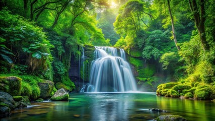 Obraz premium waterfall cascading down lush greenery, serene landscape, green forest