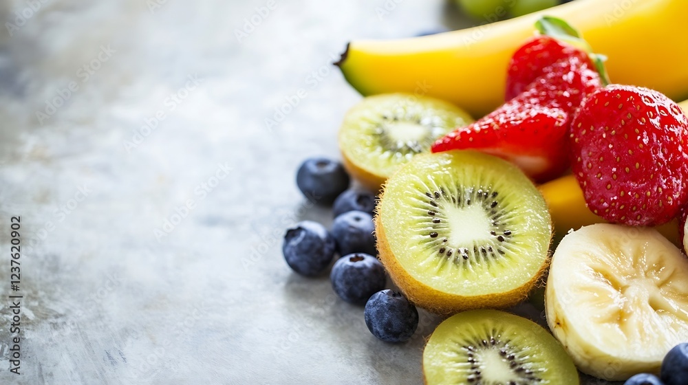 Poster fresh assortment of colorful fruits including kiwi strawberries blueberries and banana : generative 