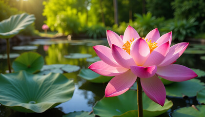 Fototapeta premium Lotus flower blooming in serene pond setting