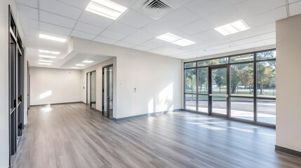 Modern Open Office Space with Large Windows and Natural Light Reflection : Generative AI