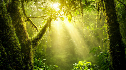 Mosquito in focus against a backdrop of a tropical rainforest, featuring thick greenery, moss-covered trees, and soft sunlight filtering through the canopy. 