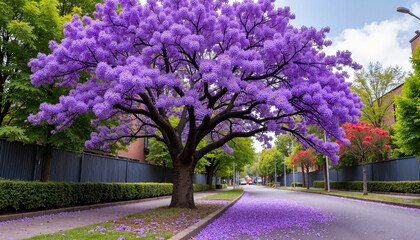 Purple flowering tree on street with scattered petals