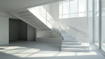 Obraz premium A Minimalist, Sunlit Interior Featuring A Modern White Staircase With Glass Railings. Clean Lines And Bright Spaciousness Create A Serene Atmosphere.