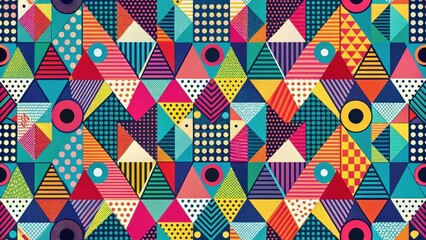 Bold, colorful, and playful design featuring a mix of triangles, circles, and zigzags in a seamless pattern , patterns