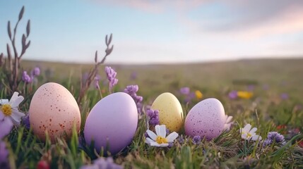 Pastel Easter Eggs in Spring Meadow Landscape (1)