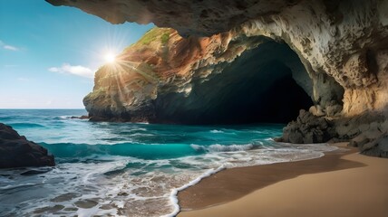 A secret beach inside a cave, with a hole in the ceiling letting in sunlight and turquoise waves.
