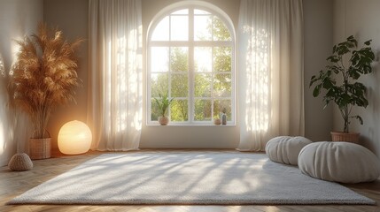 Sunlit room, yoga mats, plants, serene atmosphere, relaxation
