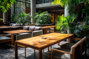 Fototapeta premium Modern eco-friendly restaurant interior with natural wood furniture and lush greenery
