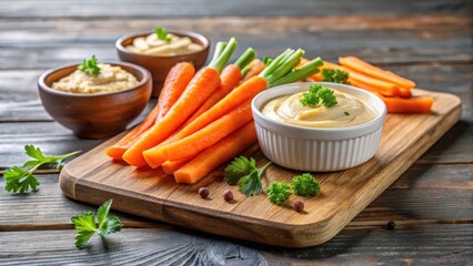 Crunchy carrots with creamy hummus dip on a wooden board , fruit and vegetable, hummus