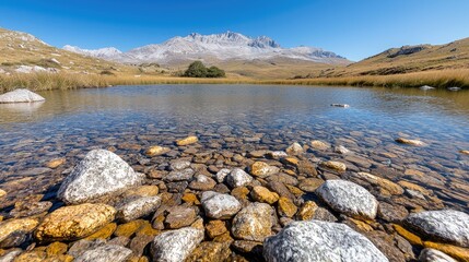 Mountain lake, clear water, rocks, autumn landscape, travel poster