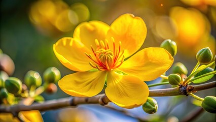 Yellow Ochna Integerrima Flower Closeup with Petals Unfolding Slowly in Warm Light , nature's beauty, flowering plant