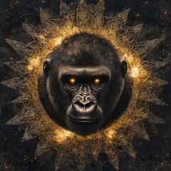 Obraz premium Majestic Gorilla Head Surrounded by Intricate Glowing Mandala Design