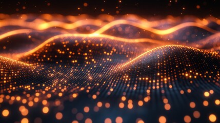 Obraz premium Glowing Particle Wavescape, Abstract Background, Digital Art, Technology