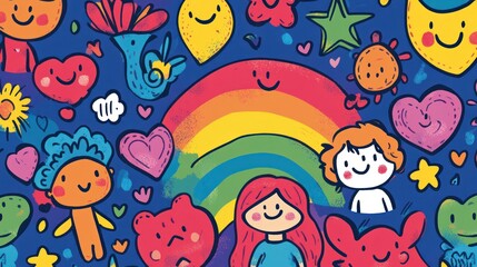 Naklejka premium Joyful kids rainbow doodles, happy background, children's book illustration