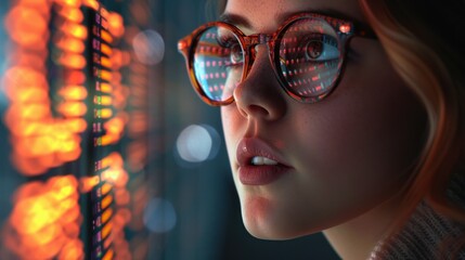 An IT professional wearing glasses studies a colorful digital interface with dynamic visuals and detailed data.