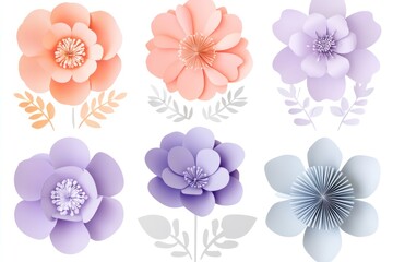 Pastel paper flowers, floral arrangement, white background, craft design, wedding invitation