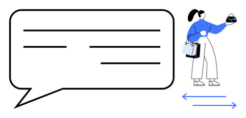 Woman holding shopping bags, extending a hand with a product, large chat bubble with text lines, two directional arrows. Ideal for online shopping, customer feedback, e-commerce, interaction