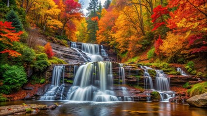 Autumnal waterfall surrounded by vibrant fall colors in lush forest, scene, foliage,  scene