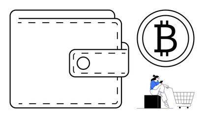 Large wallet, Bitcoin coin symbol, person on phone with shopping cart. Ideal for finance, digital currency, online shopping, technology, ecommerce investments mobile payments. Abstract line flat