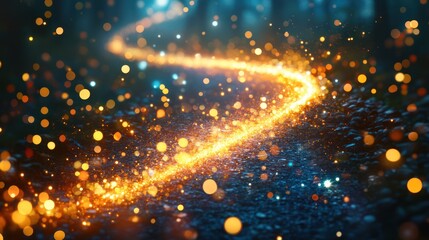 Fototapeta premium Glowing path winding through dark forest, magical sparkles, fantasy design